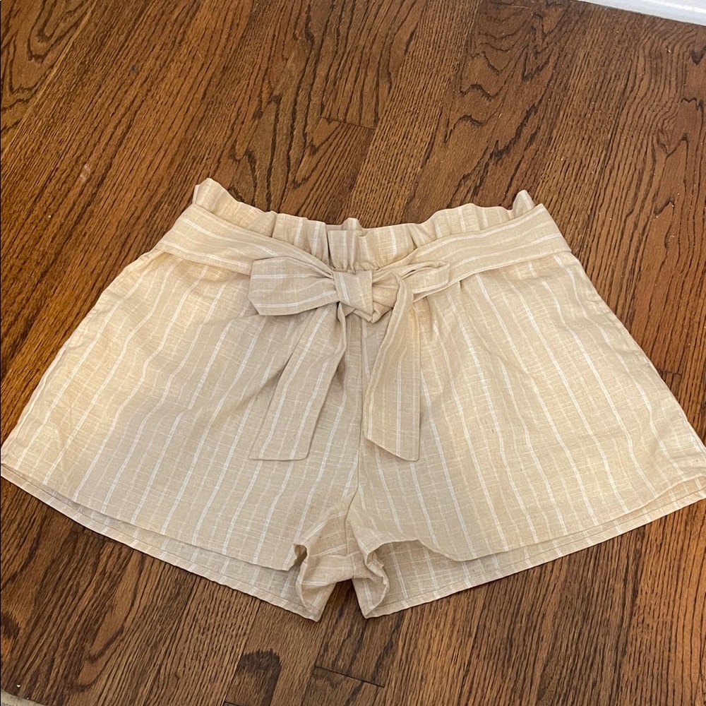 Paperbag Waist Cotton Shorts - Beige Stripe